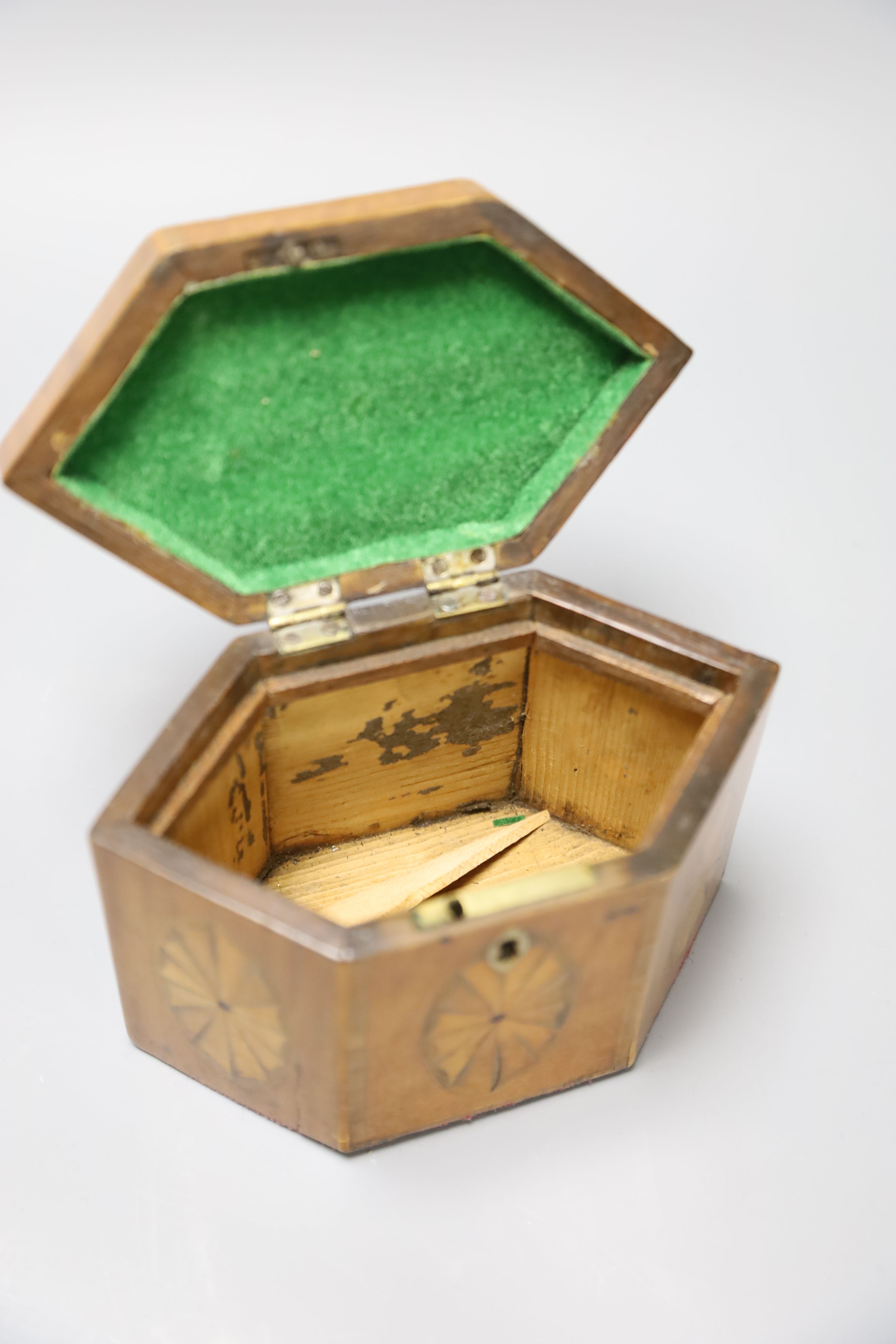 A George III oval marquetry tea caddy and a hexagonal caddy. tallest 11.5cm